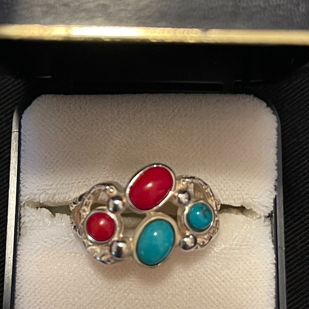 Jay King 925 Sterling Silver Ring w Turquoise & Red Coral Stone